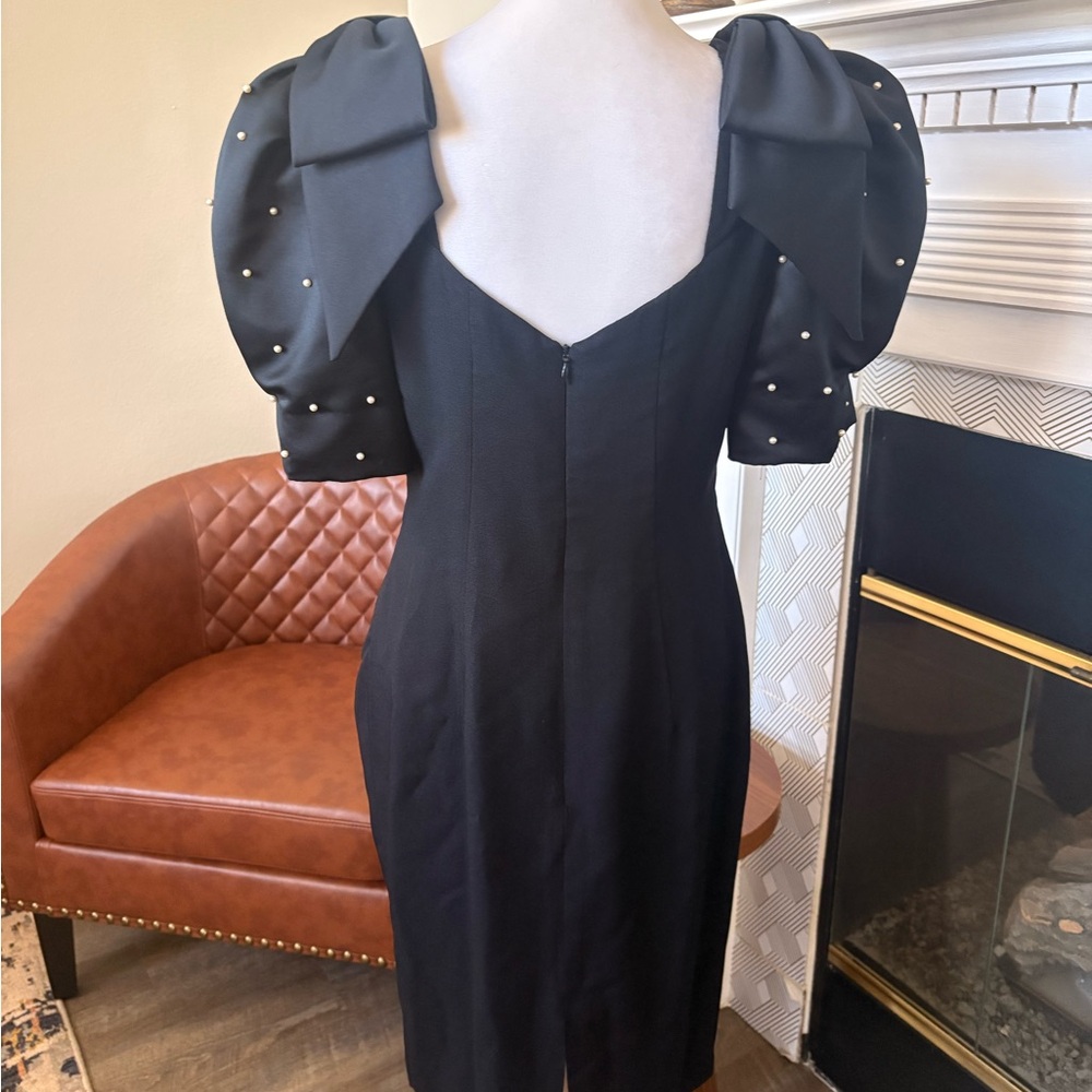 Ice Black Midi Dress with Pearl-Embellished Puff Sleeves - Picture 4 of 9